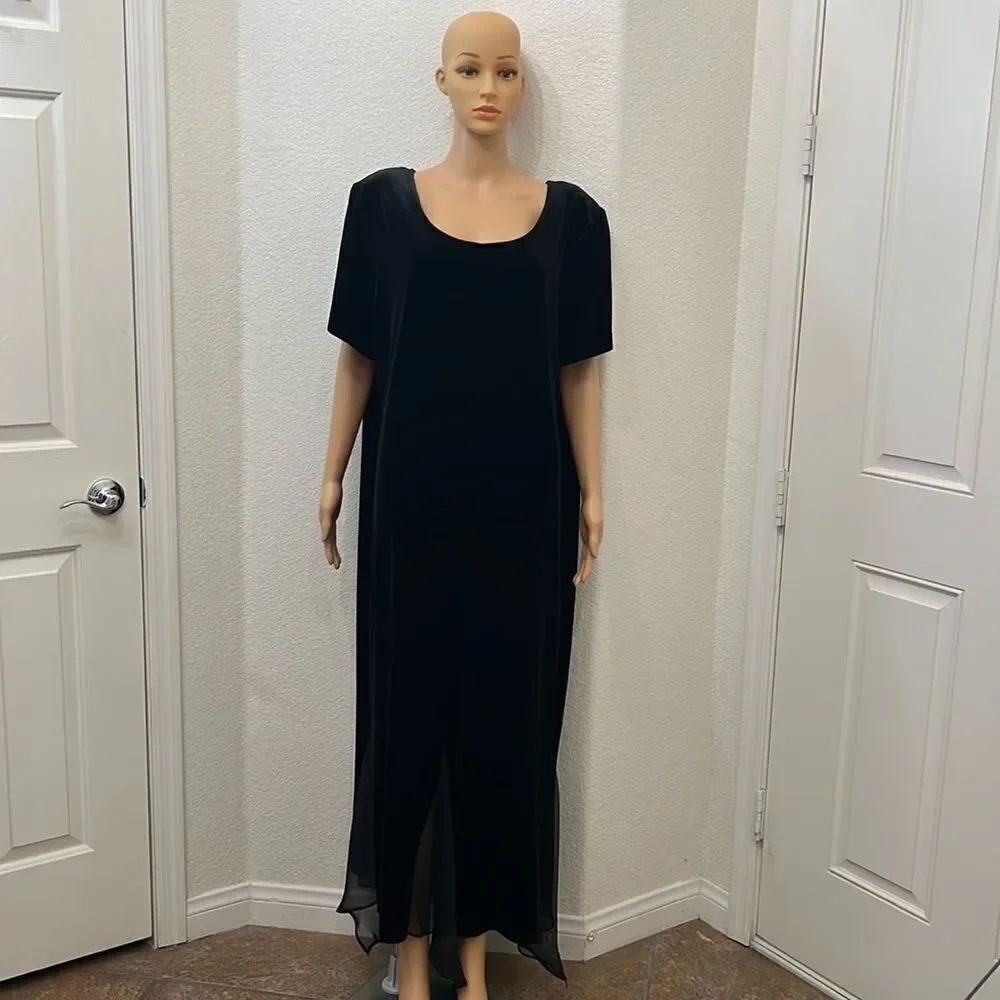 Another Thyme Dress Sz 20 Black Scoop Neck Short SleeveβMaxi Velvet Feel Sheer